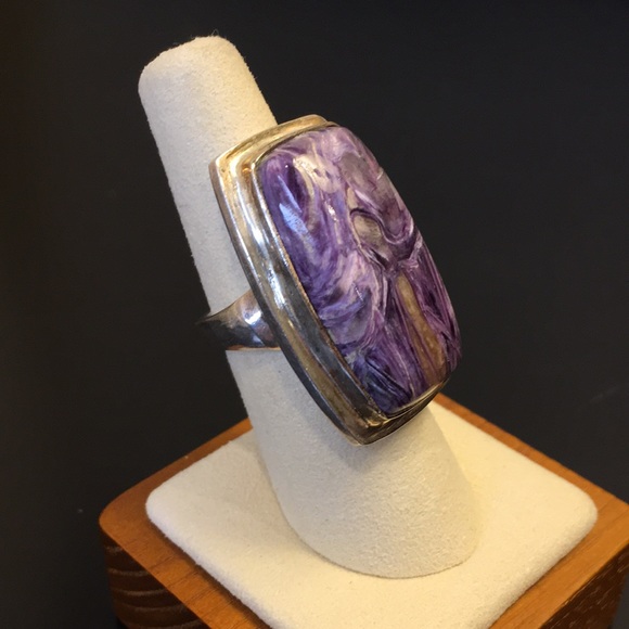 Vintage Amethyst Cabochon Sterling Silver Cocktail Ring Sz 7•1/4 - Picture 12 of 13